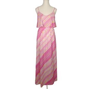 Coveted‎ Clothing Pink Yellow Geometric Print Ruffle Tier Maxi Dress Women S